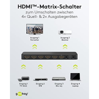 goobay 58479 HDMI Matrix Switch 4 to 2 / Matrix Switch Splitter 4k @ 60Hz / S dálkovým ovládáním pro Blu-ray přehrávače, Xbox, P